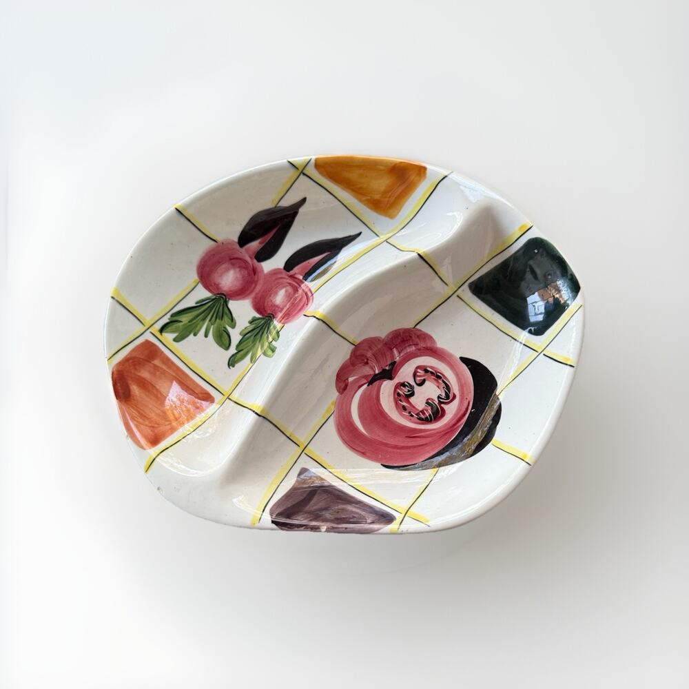 Elbee Vintage Hand Painted Divided Serving Dish Tray with Design Italy 9x7.25
